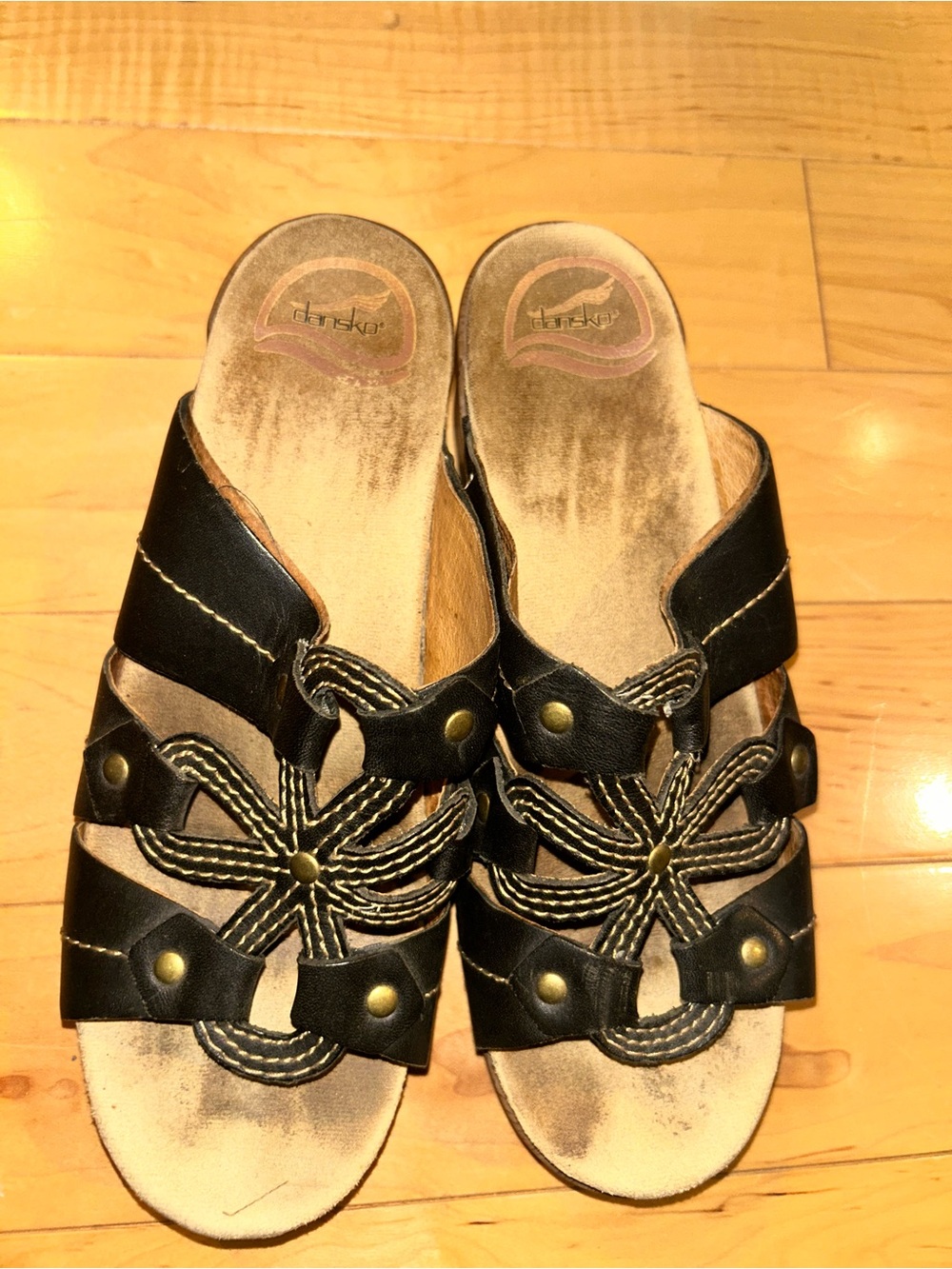 Dansko Black Leather Floral Braided Strap Slide Sandals